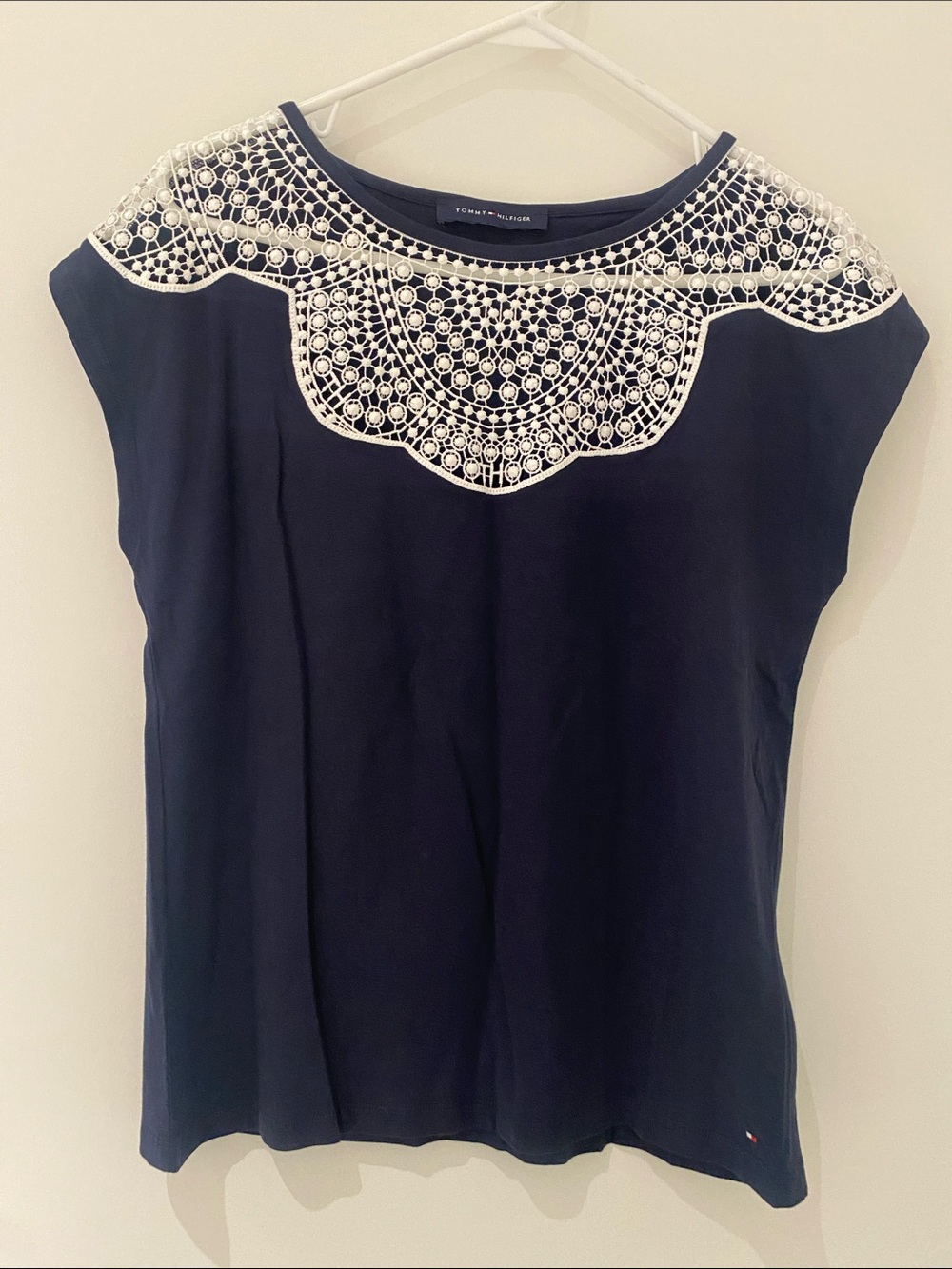 Tommy Hilfiger Navy And White Lace Detail Navy/White Short Sleeve Top M (Est).